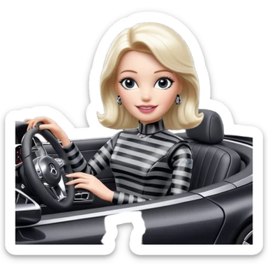 Darth Vader Barbie, 1910 teen Morticia Addams from academy, in dark-gray and black striped outfit. Smiling Driving Mercedes 450 convertible sports car. Pale-white porcelain skin.  sticker