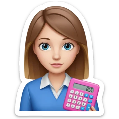 female with straight brown hair with blonde highlights and blue eyes holding a pink calculator sticker