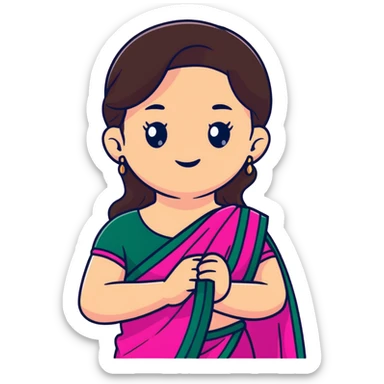 girl with light wheatish skin, dark brown hair, wearing dark pink saree sticker