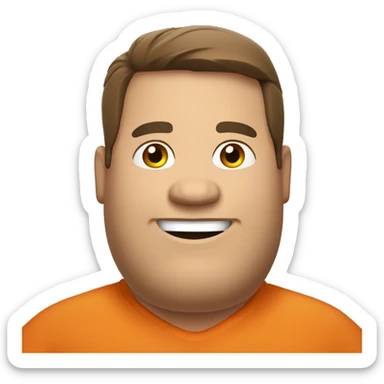 fat man, brown hair and brown eyes smiling, orange shirt, crossing arms, funny sticker