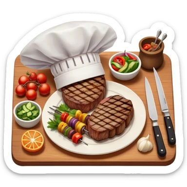 icon featuring a chef’s hat, a cutting board with fresh ingredients, a knife, a beautifully cooked ribeye steak, shashlik skewers, and a plate of food in the making. The design captures the passion of cooking with warm, inviting colors, and realistic textures. Transparent background. sticker