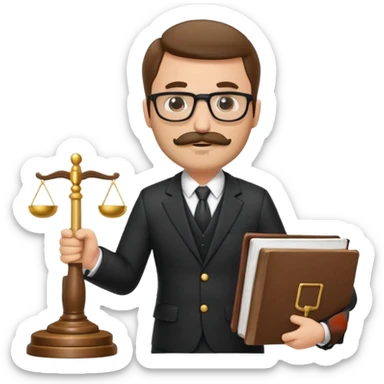 “Create a clean, modern emoji-style illustration of a male lawyer. He is wearing a formal suit jacket. He is holding a judge’s gavel (QUE SE VE DE COSTADO) in one hand and has a law book tucked under his arm. He has a mustache and beard (BARBA)!, and GLASSES sticker