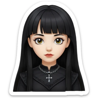 generate an image of a girl with long black hair, caucasian and wearing gothic black clothes. Her bangs is very short sticker