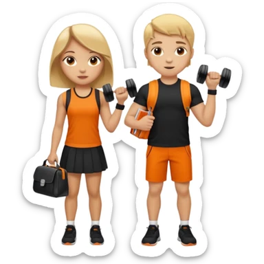 light skin students girl and boy with school bag full of books on hand and dumbell in other hand. Clothes are in black and orange colours. They are going to the gym. They have brown and blonde hair. Dumbell is visible in hand. They are teaching about sport sticker