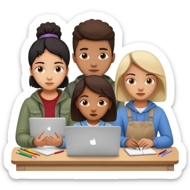 three diverse design students working on creative project with art supplies and laptops sticker