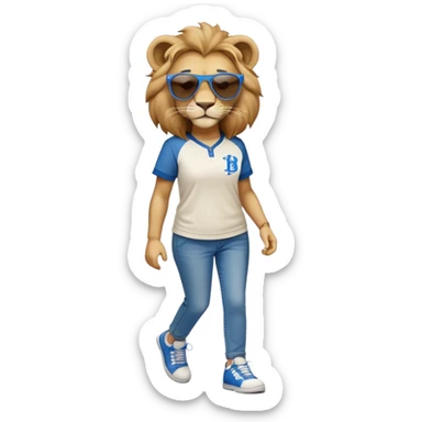 confident anthropomorphised female lion wearing a baseball shirt, jeans, trainers, dark sunglasses, walking upright, looking self-assured sticker