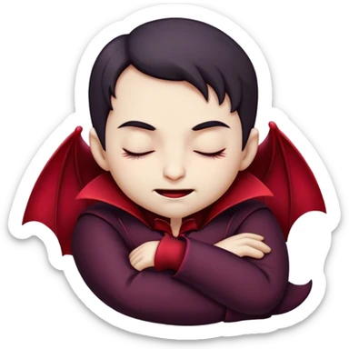 Meme-Worthy Cute Sleeping Vampire Portrait Emoji, with a refined, small, pale face softened by closed, serene eyes and a slight, peaceful smile, adorned in miniature elegant dark attire with a hint of fading crimson, simplified yet irresistibly adorable, highly detailed with a soft ethereal outline that captures the drowsy charm of a vampire in quiet nighttime slumber! sticker