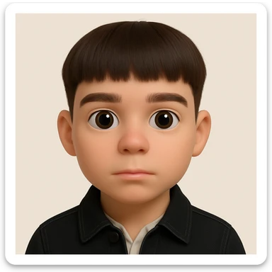 Create a realistic 3D emoji based on the provided photo. The emoji should have relatively large eyes, retain facial details, and be free of pimples and mustache. The emoji should be wearing a black denim jacket. Maintain a 3D emoji style look while ensuring the details and characteristics described. sticker