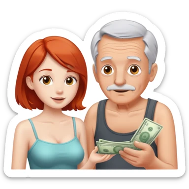 Kind elderly grandfather with gray hair giving money to a, pretty, tube top, red head young woman who needs financial help,  sticker