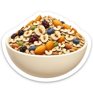 apple style emoji loose pile of muesli, visible oats, dried fruits, nuts, seeds, natural colors, 3D clean minimal soft shadows, no anthropomorphic elements, no milk, no yogurt, no spoon, transparent background, emoji scale sticker