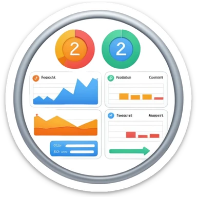 Organizational management system with feedback mechanisms, dashboard with arrows showing information flow, circular process with reports and comments sticker
