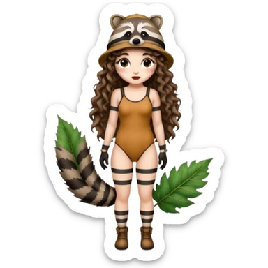 full body woman long curly brown hair brown eyes white skin tattoos wearing raccoon hat and striped leaf bodysuit sticker