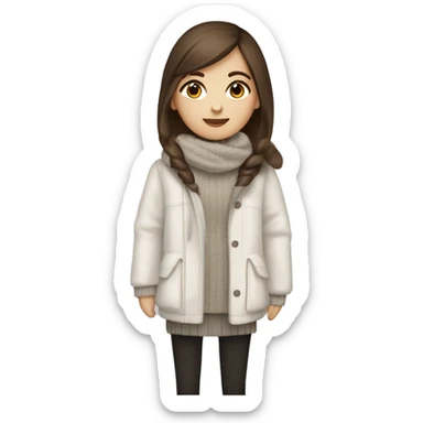 white girl with straight brown hair and black eyes wearing a white and brown winter outfit sticker
