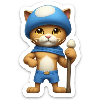 Strong muscles BLUE cat NO ears  wearing a mushroom cap carrying a stick in one arm standing on two legs with pants sticker