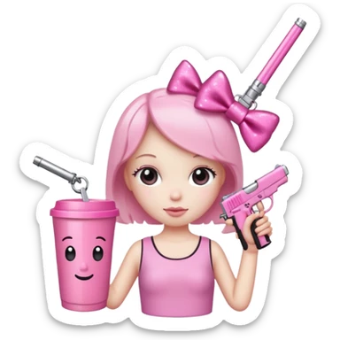 Minimalist stick figure with a cute pink aesthetic. It has a sparkly pink bow on its head, a pink gun keychain hanging nearby, and is holding a large pink tumbler cup. The background is simple white with a soft shadow for a clean look. sticker