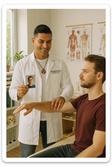 a middle-aged man, dressed in casual professional attire, is in a bright, organized therapy studio. Durante una visita di kinesiologia, il ragazzo tiene con una mano la foto di una persona lontana (il “testimone”) tiene la foto in mano, mentre con l’altra mano esegue un test muscolare su un cliente presente senza foto. Sullo sfondo si vedono libri di kinesiologia, poster anatomici e strumenti tipici della disciplina. L’atmosfera è concentrata e serena, con luce naturale che entra dalla finestra, sottolineando l’aspetto alternativo e umano della pratica. sticker