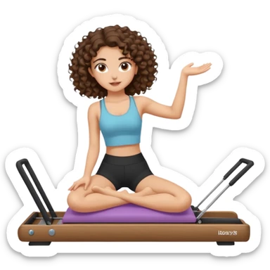 brunette,curly hair shoulder lenght,turkish 3b girl doing reformer pilates with cute set, sticker