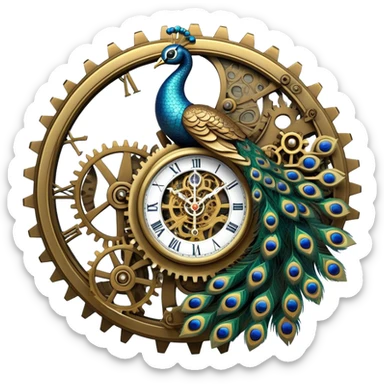  A mechanical peacock with gears visible beneath brass plating and a tail that unfolds into an elaborate display of ticking clock faces and spinning cogs. sticker