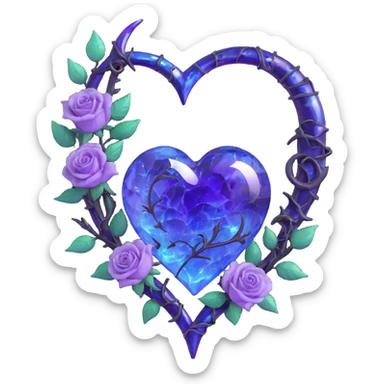gothic heart made of iridescent lavender glass, silver crescent moon, glowing purple roses, holographic stardust, neon blue lightning, wet and cracked glass sticker
