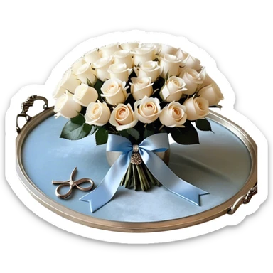 Set against a warm beige and pearl-colored lace backdrop, a bouquet of creamy white roses intertwined with pale blue blooms is wrapped in a soft champagne-colored velvet ribbon, forming a perfect bow. The bouquet rests on an antique silver tray, its delicate engravings catching the soft glow of candlelight. Hovering above, a trio of metallic pearl balloons in soft ivory and rose gold tones sway gently, their surfaces gleaming with a muted, vintage-inspired sheen. sticker
