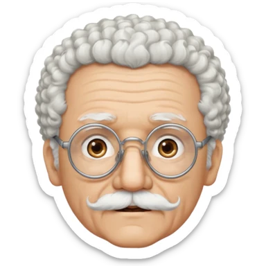 An elderly man emoji with light skin, fluffy curly white hair, thick white eyebrows, brown eyes behind black-framed glasses, a narrow pointed face, and a thin straight white mustache above his mouth. sticker