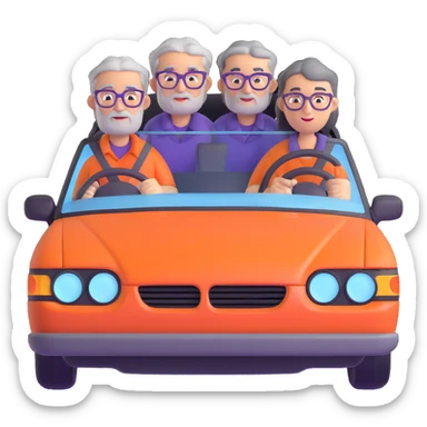 orange car front view with three people visible through windshield: driver with purple shirt and stubble, front passenger with gray hair and glasses, back passenger with black hair and glasses sticker