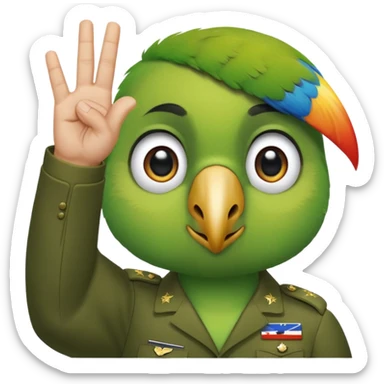 Green parrot face which doing a 'yes sir' gesture (right hand is raised in a military-style salute, with the fingers touching the forehead; The eyes are looking straight ahead, giving off a sense of respect, acknowledgment, or dut) sticker