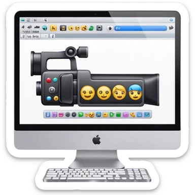 Create an emoji of video editing. Should feature a video editing timeline or interface on a computer screen, showing clips and a playhead. Include a video camera and editing tools. No smiley faces. Make the background transparent. sticker