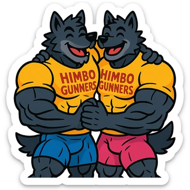pair of ultra-muscular wolf furries wearing 'Himbo gunners' t-shirts, hugging, cheerful and energetic, very large, defined, and detailed muscles, high quality sticker
