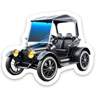 Mad max luxurious survival apocalypse ghostly sporty antique electric Darth Vader’s Batman-armored 1926 black graphite colored enclosed twin seat town buggy with horizontal holographic 3d stars painted on the body sides and neon under glow  sticker