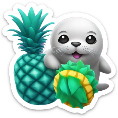 teal-colored seal holding a purple-colored pineapple sticker
