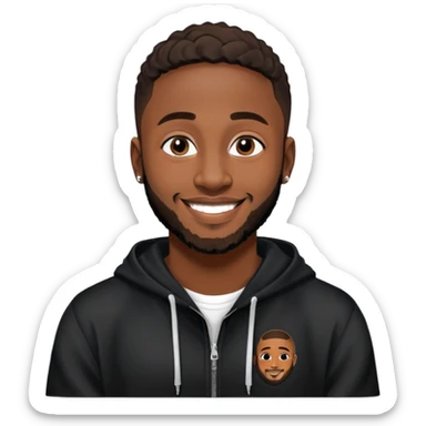 African yound man in his late 20s with a  bright smile with a short boxed beard, and a low cut hair, looking like davido the musician black hoody sticker