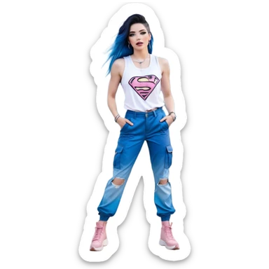 Tall-full body-Larger female chest-very excited-very-beautiful-face-white torn cargo pants-light-pink-lips-very long-very-straight-dark-blue-ombre-hair-and-blue-eyes-thick-black-eyeliner-thick-long-eyelashes-sky-blue-superman-tank-top-with-glitter-and-silver-hoop-earrings sticker