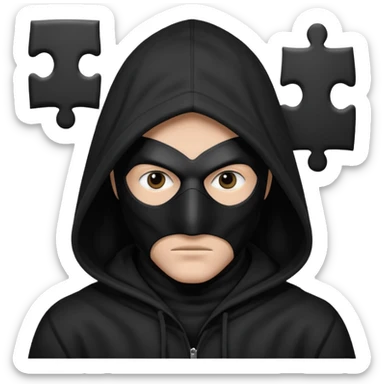 grayscale black mysterious masked hooded man with puzzle logo on hood sticker