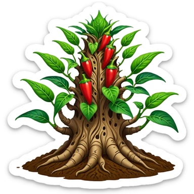 Very Large decorative gnarled alien-futuristic multi-tier space-efficient seeding plant rack, which holds tiny hot pepper plants, constructed from mud and coconut fiber matrix  sticker