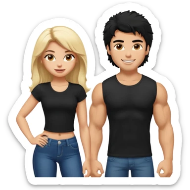 a pretty bratz guy with black hair with big muscles and shaggy hair in a tight black tee smiling standing with a girl sticker