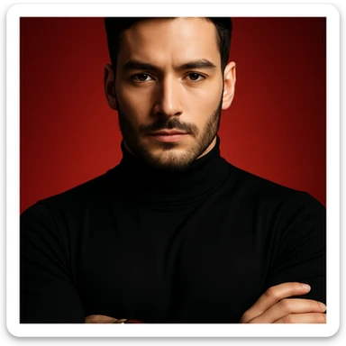 Create an ultra-realistic, high-detail editorial portrait of the person in the reference image. Focus on sharp features, flawless fair skin, sleek black hair, and a black turtleneck. The background is a bold red gradient. The person has arms crossed and wears a stylish wristwatch with a blue dial and brown strap. Use dramatic cinematic lighting to evoke a luxury fashion magazine style. The composition is symmetrical and minimal, rendered in 4K. sticker