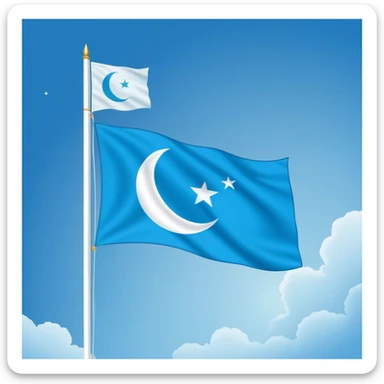 Iraqi Turkmen flag - a sky blue rectangular flag with a white crescent moon and star in the center. There is one straight white horizontal line across the top of the moon and another straight white horizontal line below the moon. sticker