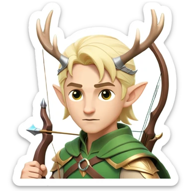 clash-of-clans-aesthetic-blond-male elf-archer-portrait-emoji, rendered in a flat, vector-style with minimal shading and bold holding his bow, simplified shapes, head tilted slightly forward with a determined, focused expression, riding a majestic stag whose antlers glow with mystical energy, set against an ancient, enchanted forest backdrop. sticker