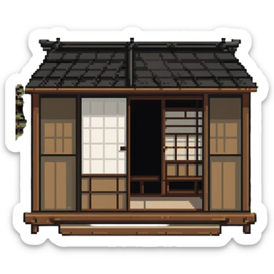 Traditional Japanese house with wooden structure, sliding doors, tatami floor sticker
