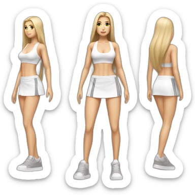 hyperrealist caucasian long straight hair blonde brown eyes white bikini top gray tight mini skirt black sneakers full body sticker