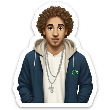 create an emoji of a young mixed-race Moroccan rapper with a diamond chain on his neck dressed in a Lacoste tracksuit. his mid-length brown curly hair and a small budding mustache sticker