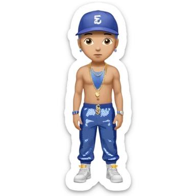 Eminem with periwinkle sequin baggy pants, shirtless with necklace sticker
