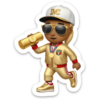 anthropomorphised horse dressed like a member of RUN DMC, hip-hop outfit, gold medal, baseball hat, sunglasses sticker