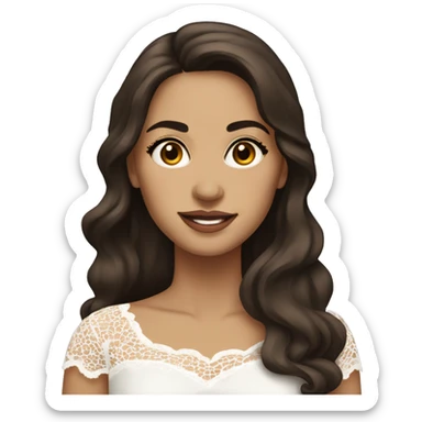 Adult woman with brown eyes, light tanned skin, long wavy dark brown hair, wearing a white lace dress sticker