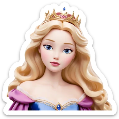 Cinematic Realistic Sleeping Beauty (Aurora) Portrait, with porcelain-like skin featuring a natural rosy flush, illuminated by soft lighting that highlights the gentle contours of her face. Her golden blonde hair flows in soft, detailed waves with subtle highlights that shimmer in the light. Her deep violet-blue eyes radiate warmth and innocence, framed by arched brows and long lashes. Her serene expression exudes quiet elegance. She is dressed in her classic pink gown, the fabric rich in texture with delicate folds that catch the light. A golden crown rests atop her head, gleaming with royal refinement. The portrait captures a soft, glowing aura, blending realism with an ethereal sense of beauty and timeless enchantment. sticker