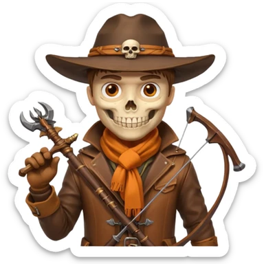 male human monster hunter emoji, wearing brown leather coat and wide hat, holding crossbow, with amulet shaped like skull, Halloween fantasy theme, confident smile, orange scarf, Apple emoji style, clean white background, square image sticker