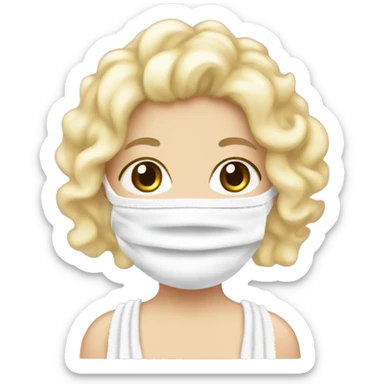 a girl with a white face mask on and a towel and a head towel and she has little pieces of blonde curls sticking out and make ur closing her eyes  sticker