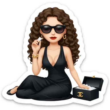 Female drug boss with long curly brown hair,  sitting on a pile of cocaine, sunglasses on and wearing black low cut long Chanel dress sticker