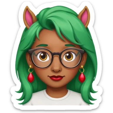 unicorn with green hair and big red earrings looking into camera and spectacle sticker